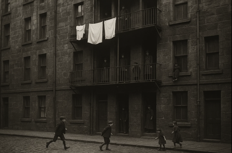 Façade d’un immeuble ouvrier du XIXe siècle, avec balcons partagés et forte densité d’occupation