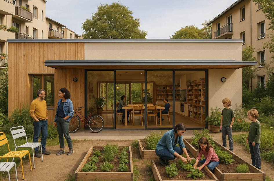 Vue d’un habitat participatif moderne, avec jardin partagé et espaces communs favorisant la vie en collectivité