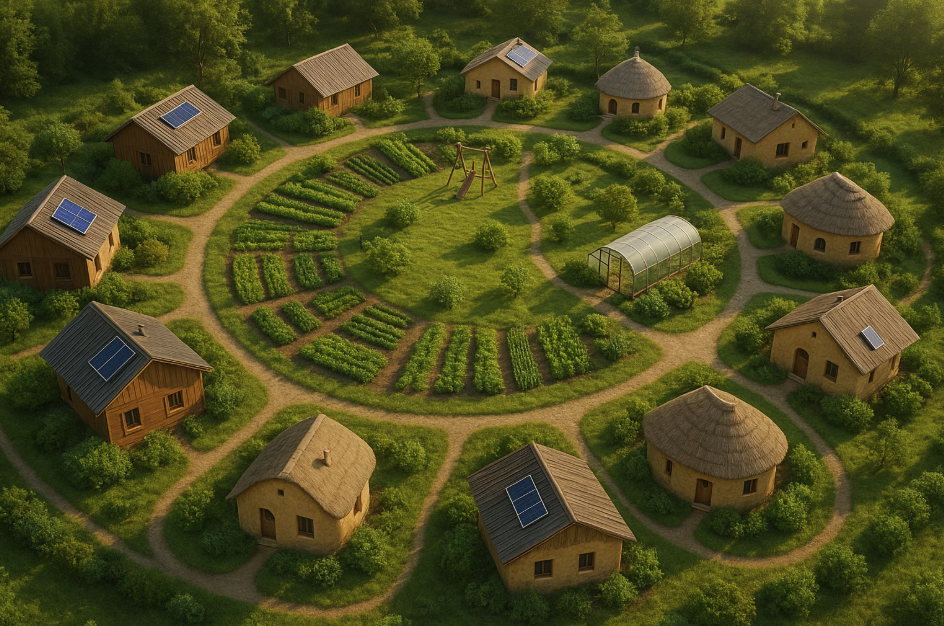 Écovillage circulaire avec potagers partagés, illustrant les nouvelles formes d’habitat collectif écologique
