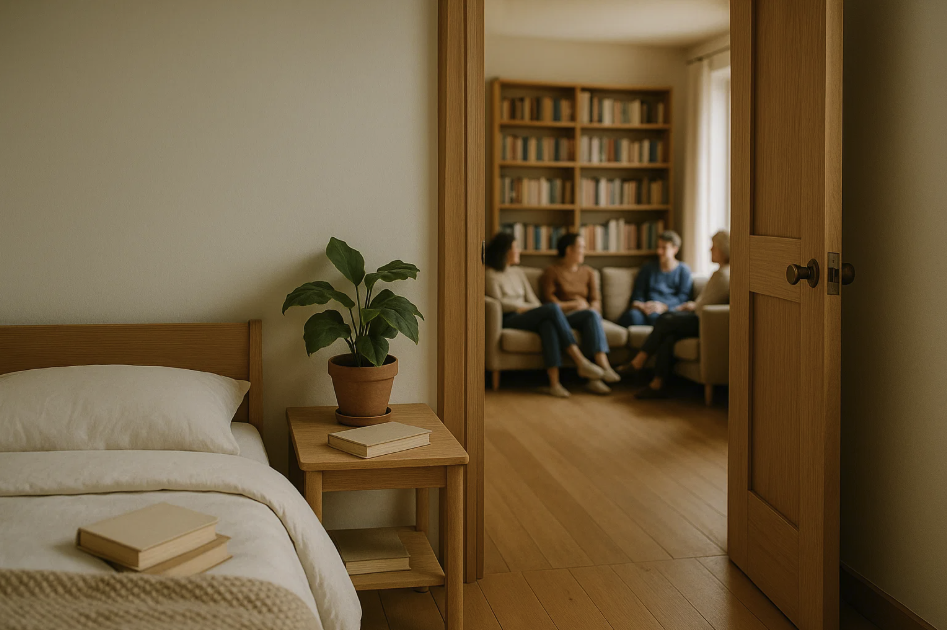 Chambre sobre ouvrant sur un espace commun de discussion, typique des habitats partagés contemporains