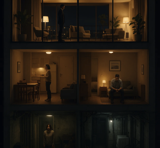 Coupes d’appartements illustrant les inégalités d’habitat selon les étages. De l’appartement lumineux au sous-sol sombre, la hiérarchie sociale s’exprime dans l’espace