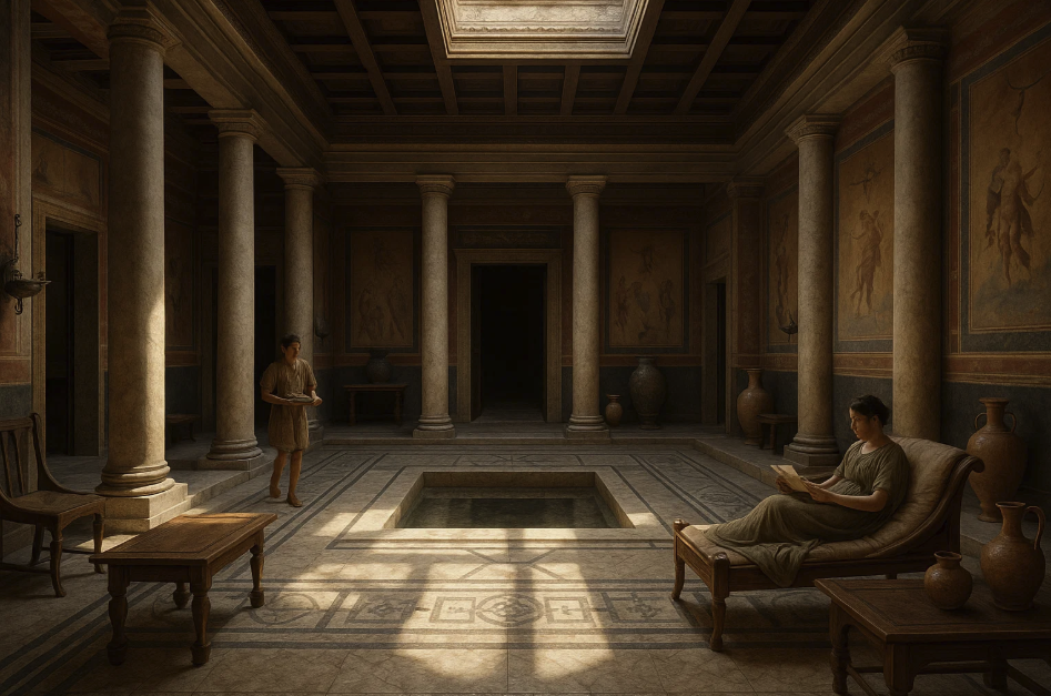 Atrium romain spacieux avec colonnes et bassin central, réservé aux élites. Architecture intérieure exprimant richesse, pouvoir et centralité sociale