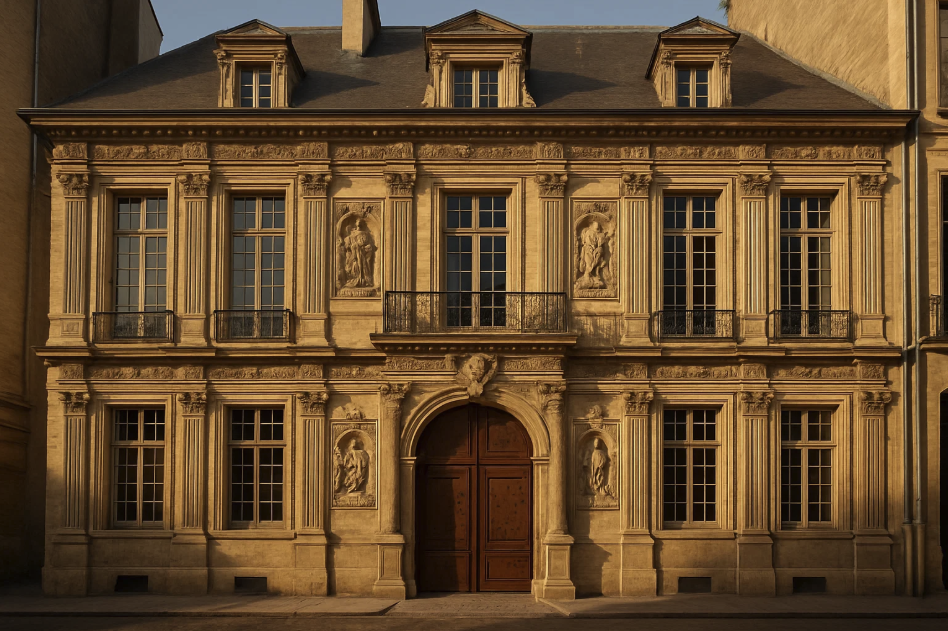 Façade sculptée d’un hôtel particulier, symbole du prestige des classes dominantes. Architecture classique soulignant la distinction sociale par la monumentalité