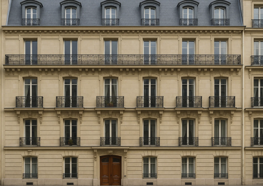 Immeuble haussmannien typique avec étages hiérarchisés. Plus on monte, plus les logements sont modestes : reflet architectural d’une société stratifiée