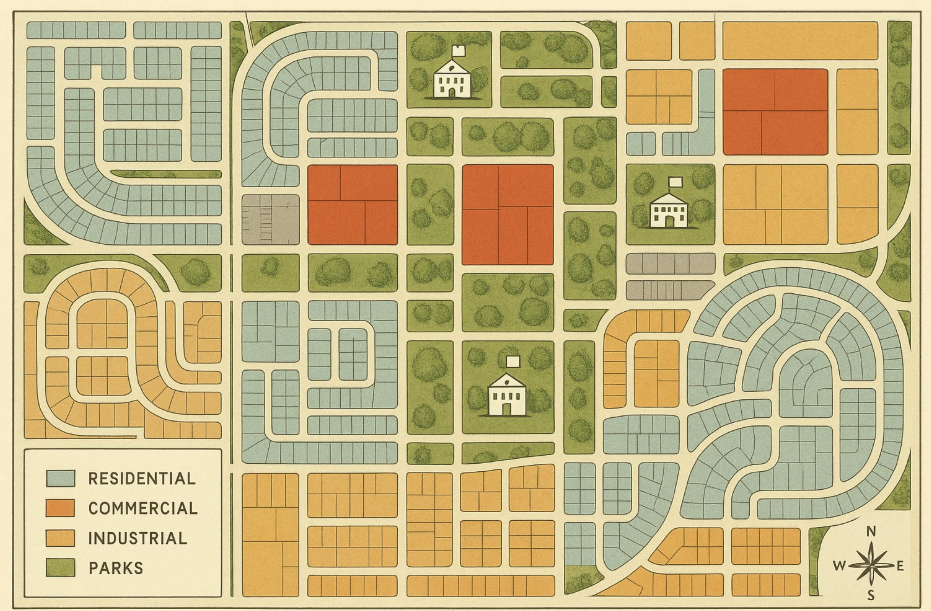Plan de zonage urbain distinguant quartiers résidentiels, industriels et commerciaux. La répartition spatiale traduit les rapports de classes à l’échelle urbaine