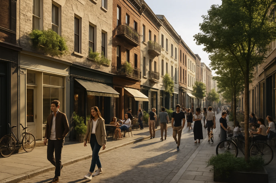 Façades de logements urbains au-dessus de commerces, dans une rue vivante. Espace public partagé, mais propriété privée souvent inaccessible pour les plus modestes