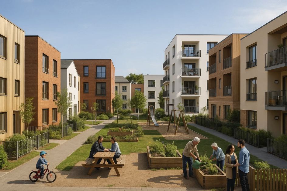 Écoquartier moderne avec jardins partagés, logements collectifs et mixité intergénérationnelle. Une tentative d’atténuer la ségrégation sociale par le design urbain