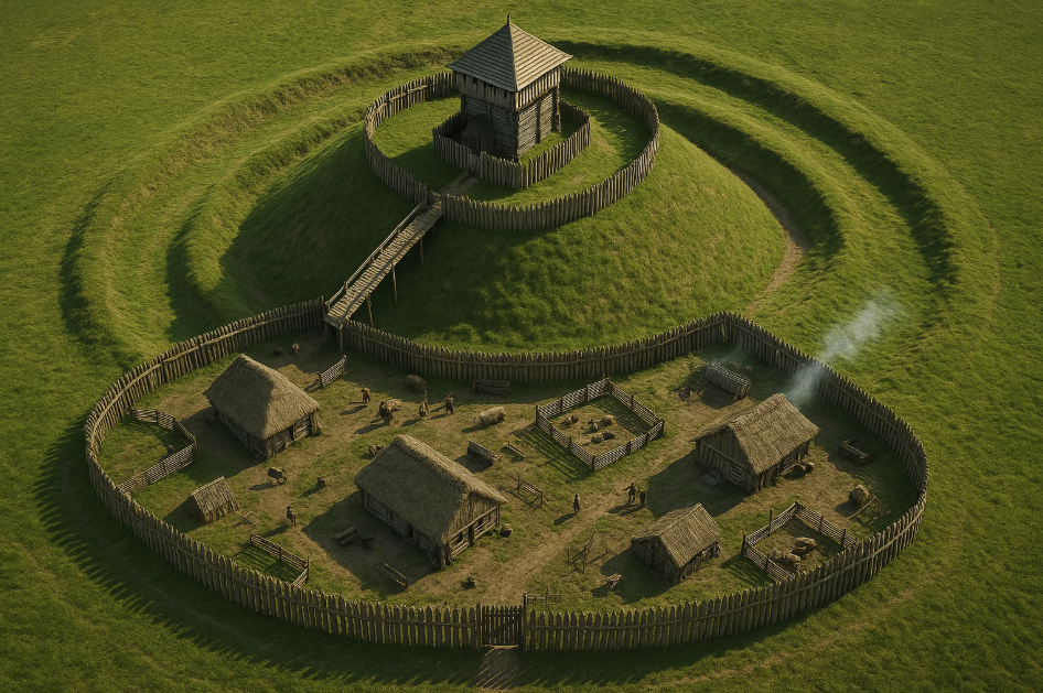 Motte castrale avec tour en bois surélevée et village à ses pieds. Exemple d’habitat médiéval défensif et hiérarchisé