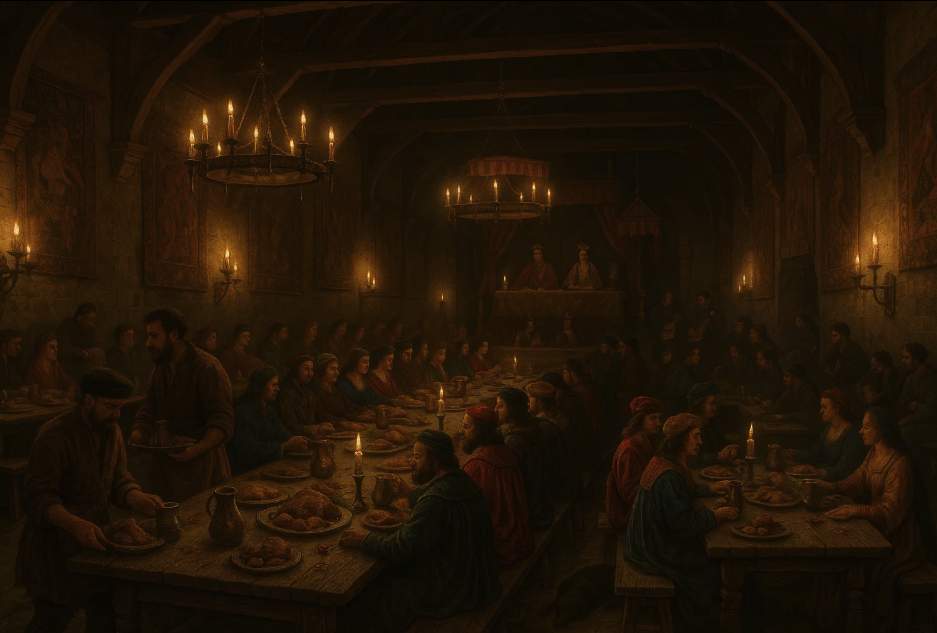 Banquet dans la grande salle d’un château fort. L’espace fortifié devient lieu de pouvoir, de réception et de prestige