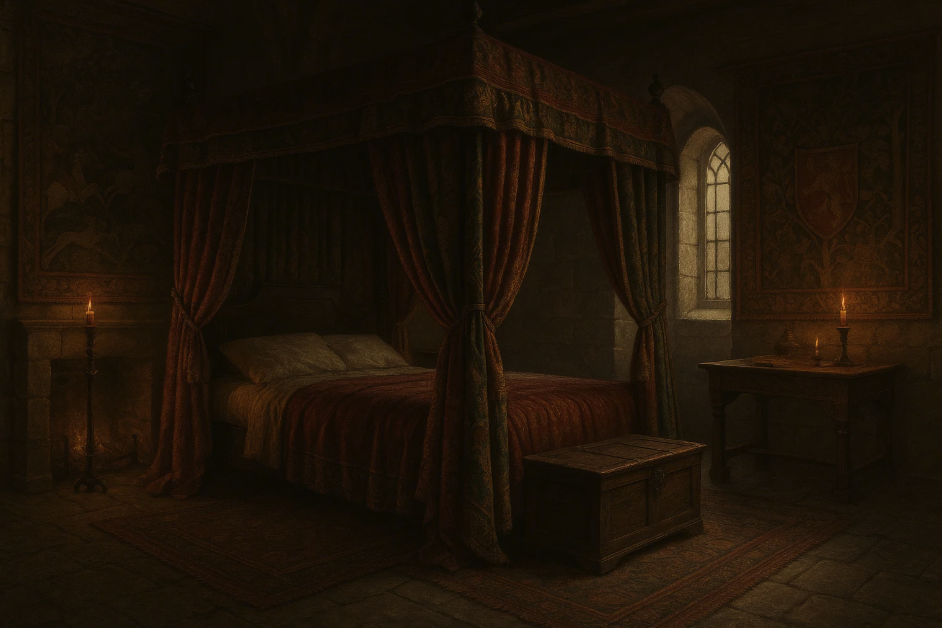 Chambre luxueuse dans un château fort avec lit à baldaquin. Intimité et confort réservés aux élites dans l’espace défensif