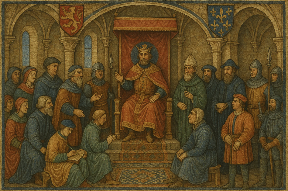  roi rend justice au cœur d’un palais fortifié. L’habitat fortifié devient aussi siège d’autorité et centre décisionnel