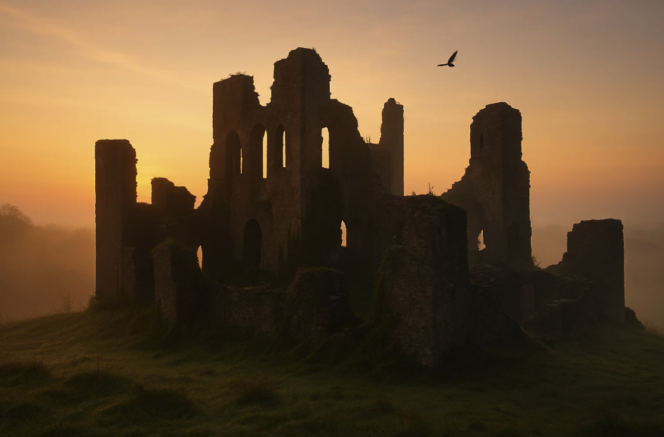 Vestiges d’un château en ruine au coucher du soleil. Témoignage de l’histoire des fortifications et de leur abandon progressif