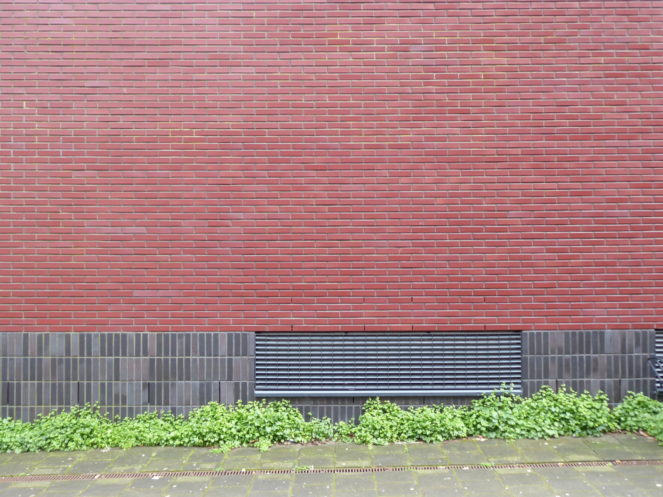 Mur brique rouge avec lierre et grille ventilation verte